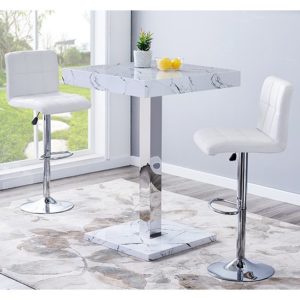 Palmero Gloss Bar Table In Vida Marble Effect With 2 Coco White Bar Stools