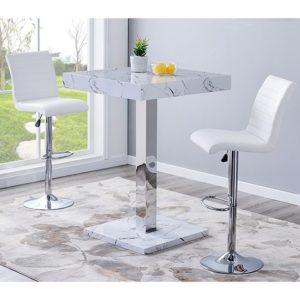 Palmero Gloss Bar Table In Vida Marble Effect With 2 Ripple White Bar Stools