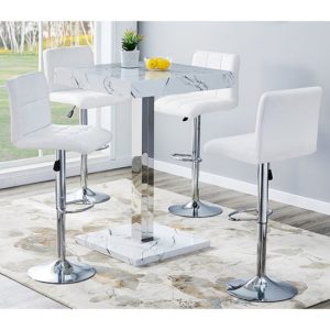 Palmero Gloss Bar Table In Vida Marble Effect With 4 Coco White Bar Stools