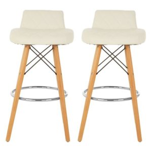 Porrima White Faux Leather Bar Stools With Natural Legs In Pair
