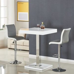 Topaz Bar Table In White Gloss With 2 Ritz Grey White Stools