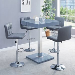 Topaz Glass Bar Table In Grey Gloss With 4 Coco Grey Stools