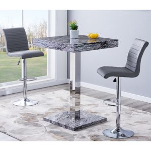 Topaz Gloss Bar Table In Melange Marble Effect With 2 Ripple Grey Bar Stools