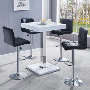 Topaz White Gloss Bar Table With 4 Coco Black Bar Stools