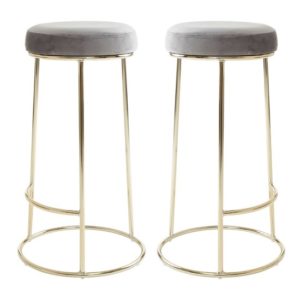 Intercrus Tall Grey Velvet Bar Stools With Gold Frame In A Pair