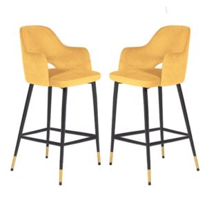 Biretta Mustard Velvet Bar Chairs With Metal Frame In Pair