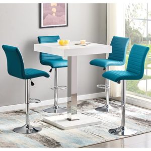 Topaz White Gloss Bar Table With 4 Ripple Teal Stools