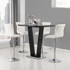 Ilko High Gloss Bar Table In Black With 4 White Ripple Stools