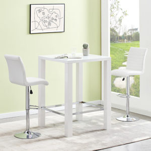 Jam Square White Glass Bar Table With 2 Ripple White Stools
