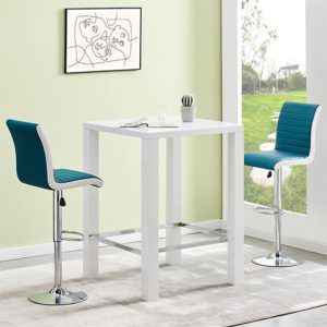Jam Square White Glass Bar Table With 2 Ritz Teal White Stools