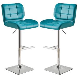 Candid Teal Faux Leather Bar Stools With Chrome Base In Pair