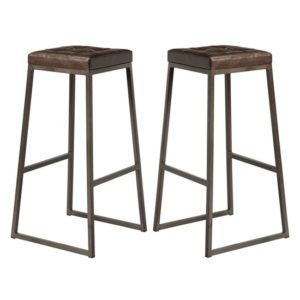 Steeple Raw Metal Frame Brown Faux Leather Bar Stools In Pair