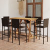 Kael Outdoor Wooden Bar Table With 6 Brown Poly Rattan Stools