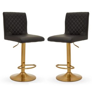 Baino Black Leather Bar Chairs With Round Gold Base In A Pair