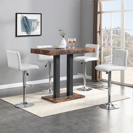 Caprice Smoked Oak Wooden Bar Table Small 4 Coco White Stools