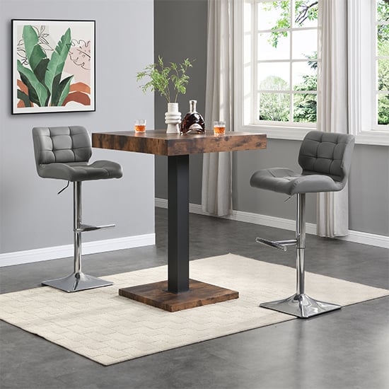 Topaz Smoked Oak Wooden Bar Table With 2 Candid Grey Stools