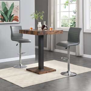 Topaz Rustic Oak Wooden Bar Table With 2 Ripple Grey Stools
