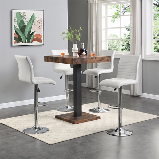 Topaz Smoked Oak Wooden Bar Table With 4 Ripple White Stools