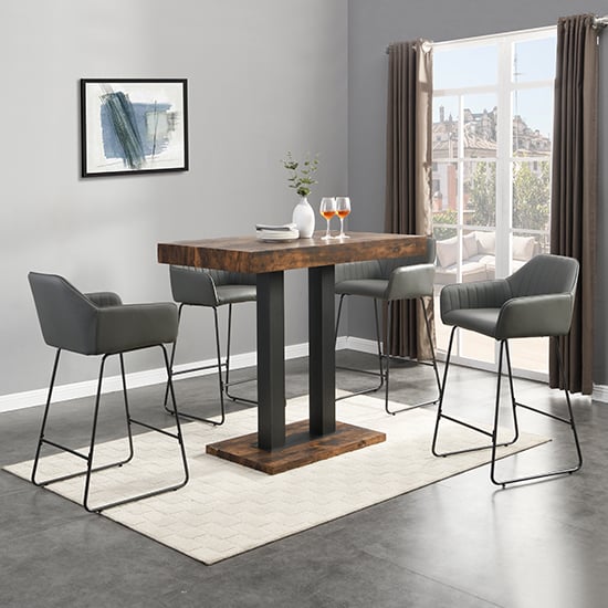 Caprice Smoked Oak Wooden Bar Table With 4 Brooks Grey Stools