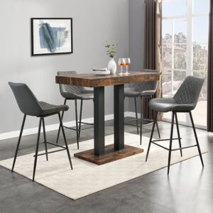 Caprice Smoked Oak Wooden Bar Table With 4 Oston Grey Stools