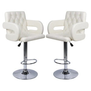 Silvis Adjustable White Faux Leather Bar Stools In Pair