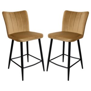 Carteret Camel Velvet Counter Bar Stools In Pair