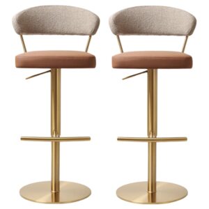 Sloan Brown Leather Fabric Bar Stools In Pair