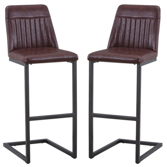 Vandalia Vintage Brown Leather Bar Stools In Pair