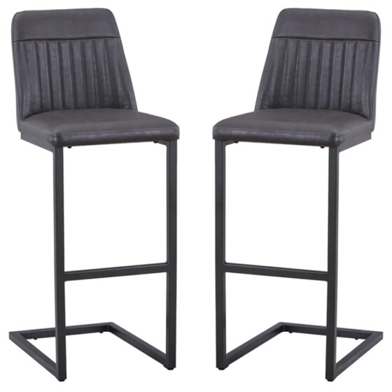Vandalia Vintage Grey Leather Bar Stools In Pair