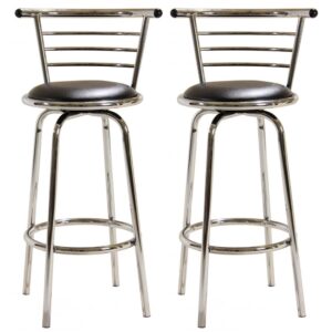 Belita Wide Black Leather Bar Stools With Chrome Frame In Pair