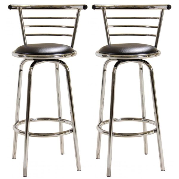 Belita Wide Black Leather Bar Stools With Chrome Frame In Pair
