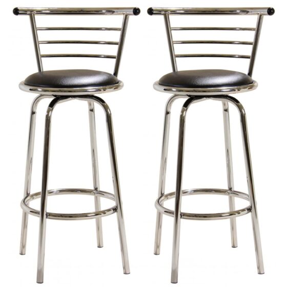 Belita Wide Black Leather Bar Stools With Chrome Frame In Pair