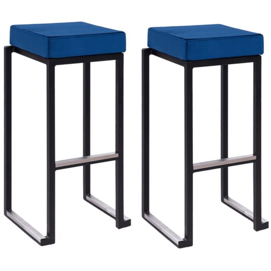 Kelowna Blue Velvet Bar Stools With Black Steel Frame In Pair