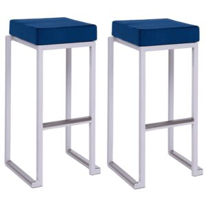 Kelowna Blue Velvet Bar Stools With White Steel Frame In Pair