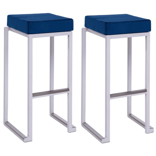 Kelowna Blue Velvet Bar Stools With White Steel Frame In Pair