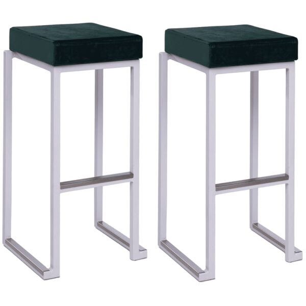Kelowna Green Velvet Bar Stools With White Steel Frame In Pair