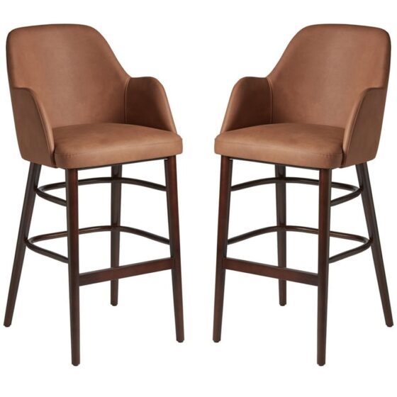 Avelay Cognac Vintage Faux Leather Bar Stools In Pair