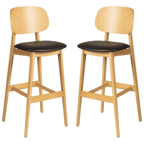 Romney Natural Wooden Bar Stools With Black Leather Seat In Pair