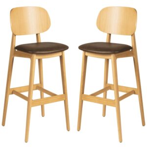 Romney Natural Wooden Bar Stools With Brown Leather Seat In Pair