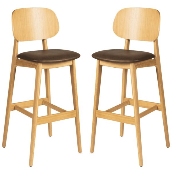 Romney Natural Wooden Bar Stools With Brown Leather Seat In Pair