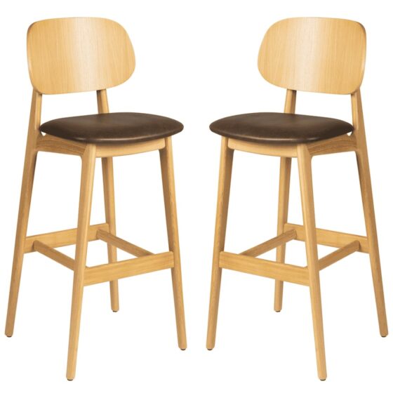 Romney Natural Wooden Bar Stools With Brown Leather Seat In Pair