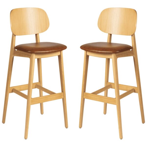 Romney Natural Wooden Bar Stools With Tan Leather Seat In Pair