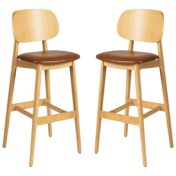 Romney Natural Wooden Bar Stools With Tan Leather Seat In Pair