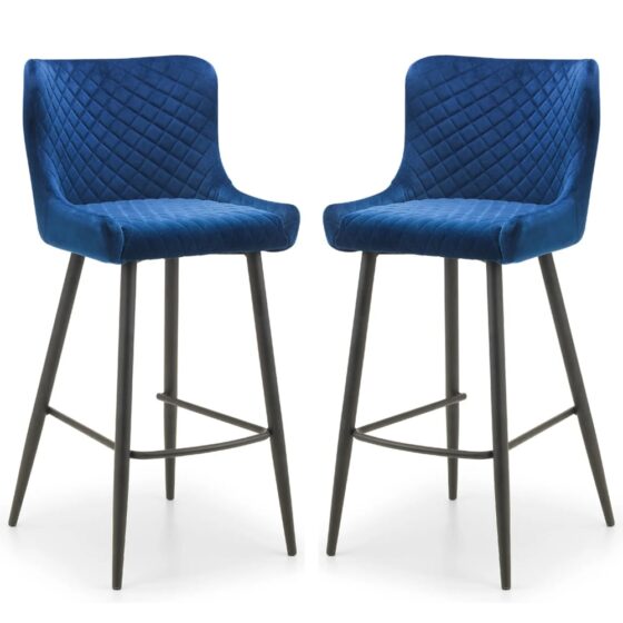 Lakia Blue Velvet Bar Stools With Black Legs - Pair